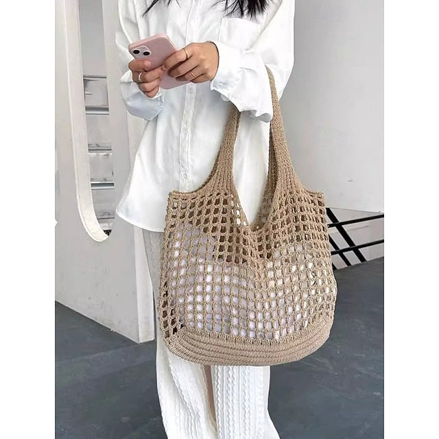 Handmade Crochet Mesh Tote Bag – Lightweight & Eco-Friendly Beach Shoulder Bag, Boho Style, Reusable Shopping Bag for Women, Summer Vacation & Daily Use