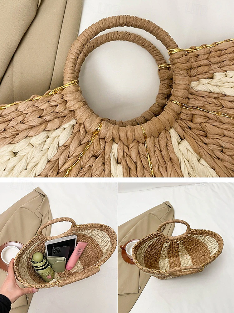 Women’s Stylish Woven Straw Beach Bag with Circular Handles, Large Capacity, Eco-friendly Boho Design, Perfect for Summer, Vacations and Day Trips